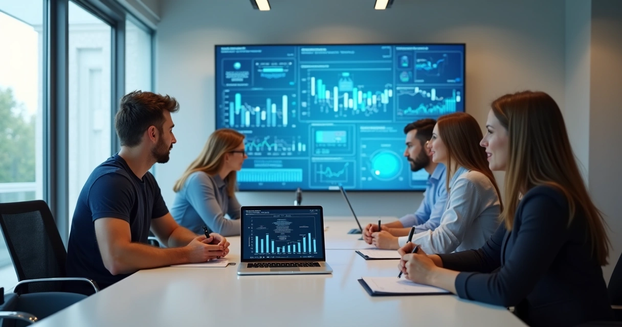 Equipe de PME em uma reunião analisando dados digitais em uma tela 