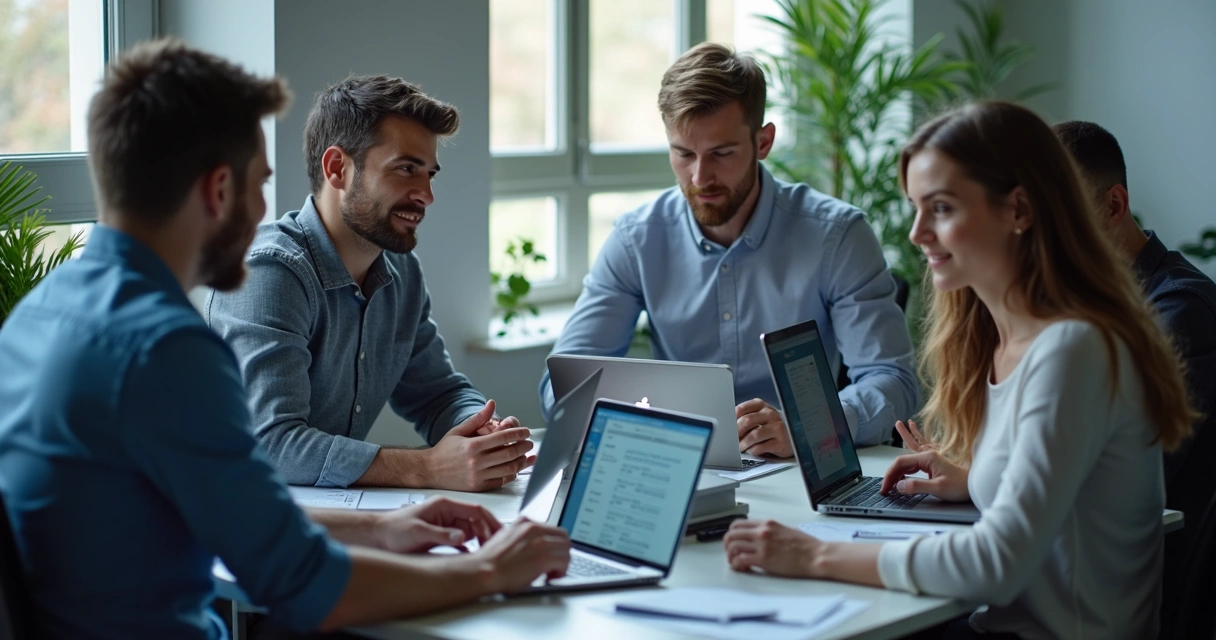 Equipe revisando dados integrados em telas 