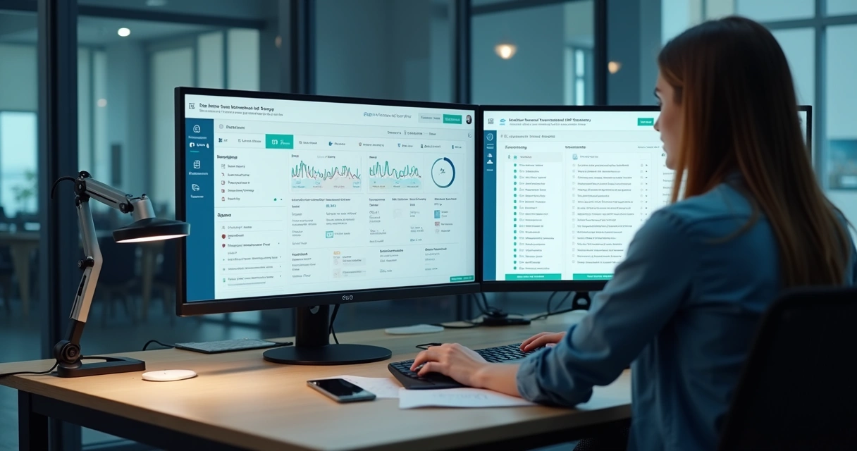 Profissional sentado em frente a dois monitores, controlando acessos digitais em uma plataforma de dados 