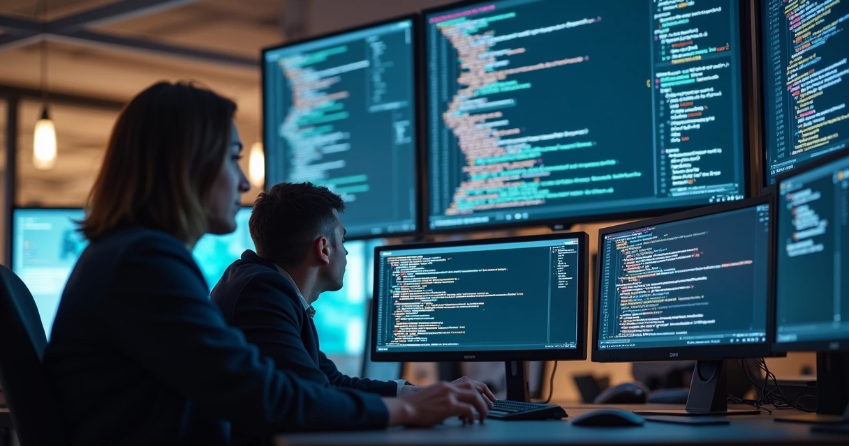 Equipe de TI ajustando código em telas para correção de falhas de integração 