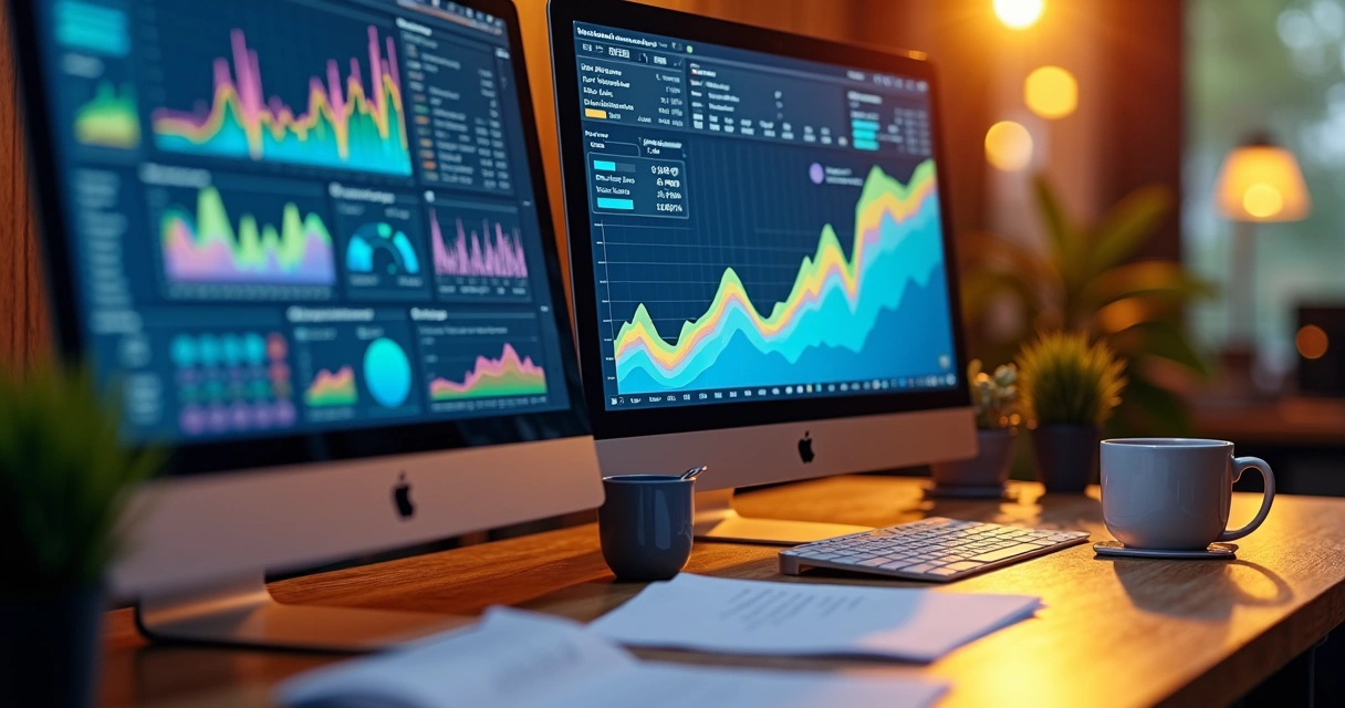 Análise visual de vendas com planilhas e gráficos coloridos em monitores de computador 