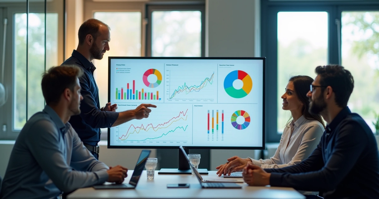 Equipe analisando dados integrados em telas grandes durante reunião