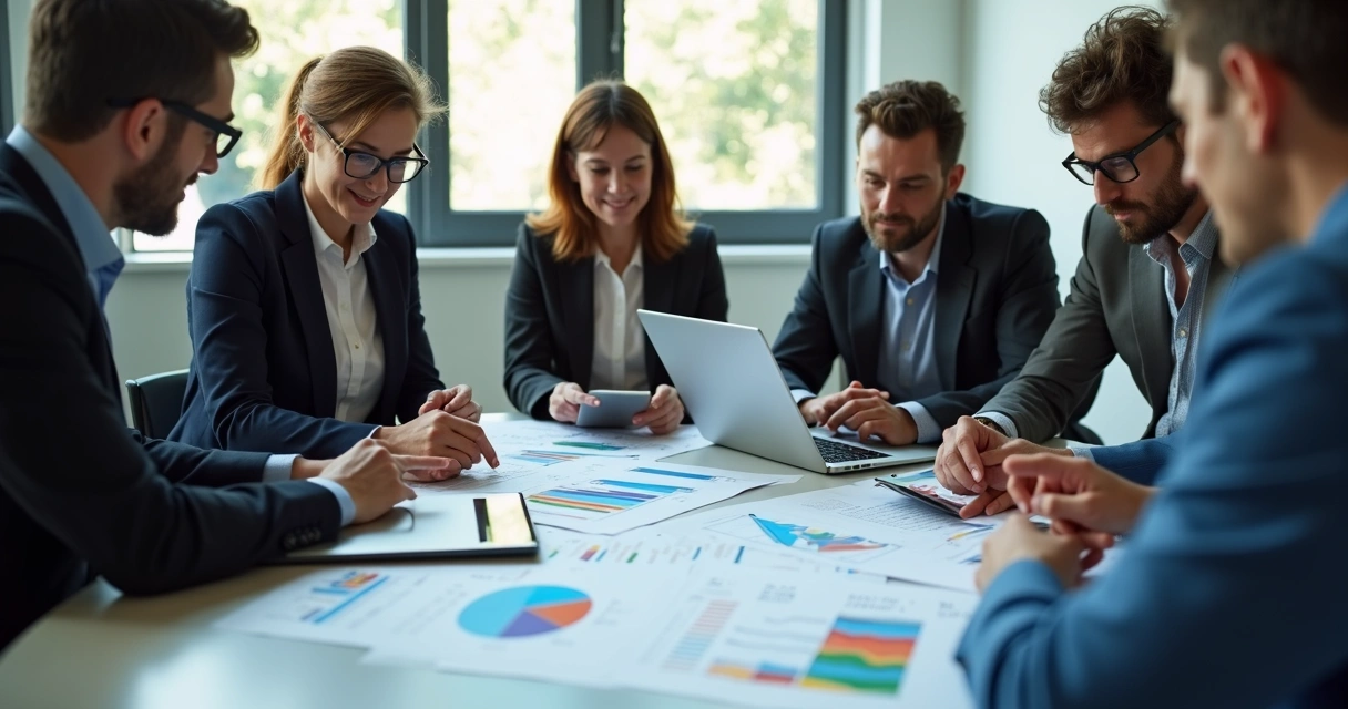 Equipe de PME debatendo indicadores financeiros no escritório 