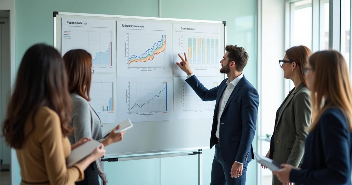 Gestor mostrando indicadores simples para equipe em lousa