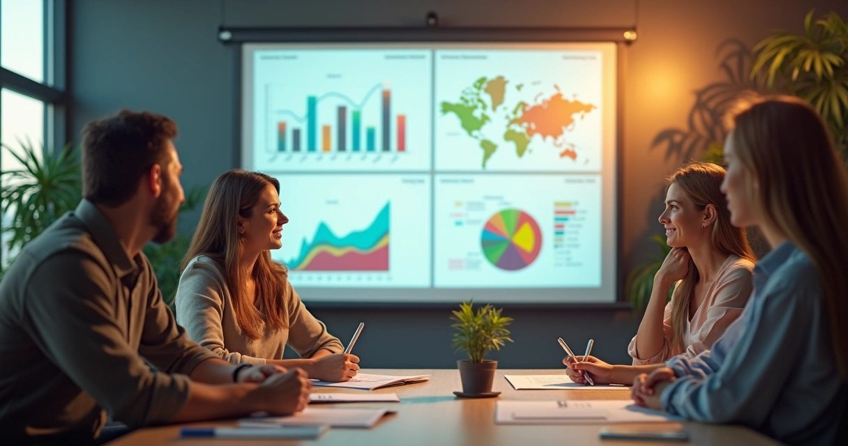 Pequena equipe em reunião analisando gráficos projetados na parede 