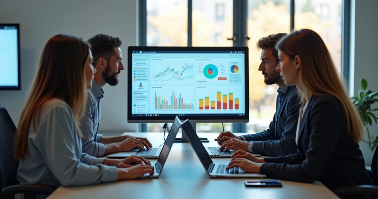 Equipe de pequena empresa analisando dados em ambiente de trabalho moderno.